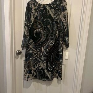 dressbarn Paisley Shift Dress in Green, Black & Cream